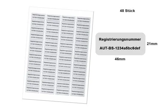 Ihre persönliche Registrierungsnummer / Kennzeichnungspflicht / 48 wetterfeste Etiketten 46x21mm