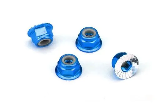 Traxxas Tuning M4 Stoppmuttern 4mm aus Aluminium mit gezahnten Flansch in blau 4Stück