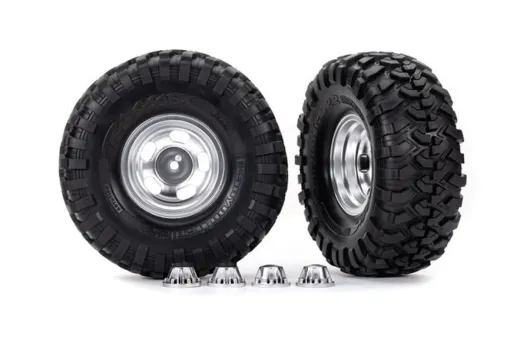 Traxxas Tuning Canyon Trail 5,3x2,2 Reifen auf Felgen in satin chrom 2Stück mit Radkappen (für TRX8255A Radachse) für TRX-4 HighTrail 1/10