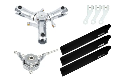 Microheli Tuning 3Blatt Hauptrotorkopf Set in silber mit Hauptrotorblättern in Schwarz für OMPHobby M1 und M1 EVO