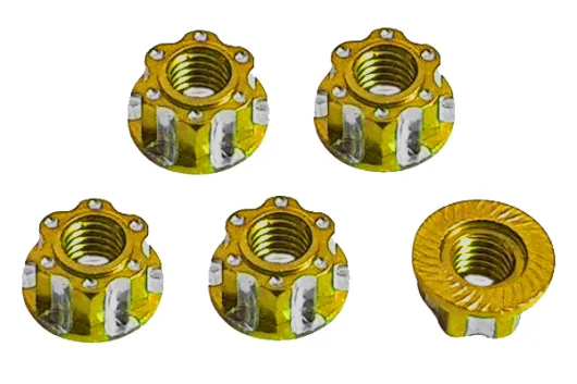 M4 Radmuttern serrated (gezähnt) Stoppmutter aus Aluminium mit Flansch in gelb / gold eloxiert CW 5Stück
