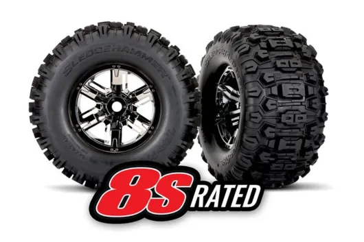 Traxxas Tuning Sledgehammer Reifen auf X-Maxx Felgen in schwarz-chrom 8S Rated 2Stück für X-Maxx 1/7