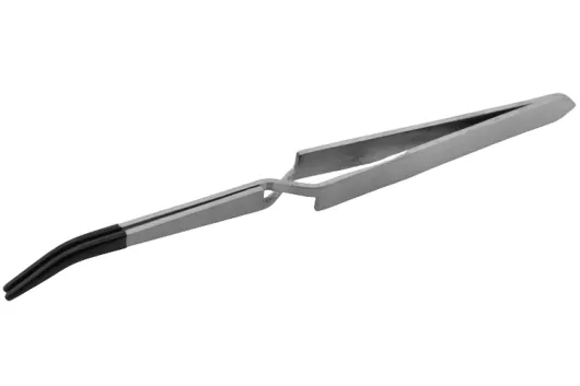 Feine Haltepinzette aus Stahl gebogen in nature 14,5cm mit Antirutschaufsatz