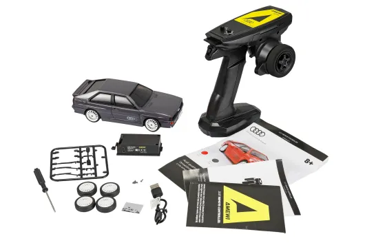 Amewi RC Auto Drift Scale Car Audi Quattro 1980 in Grafitgrau mit Gyro 4WD 1:28 RTR