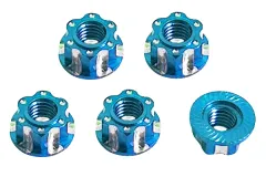 M4 Radmuttern serrated (gezähnt) Stoppmutter aus Aluminium mit Flansch in hell blau eloxiert CW 5Stück